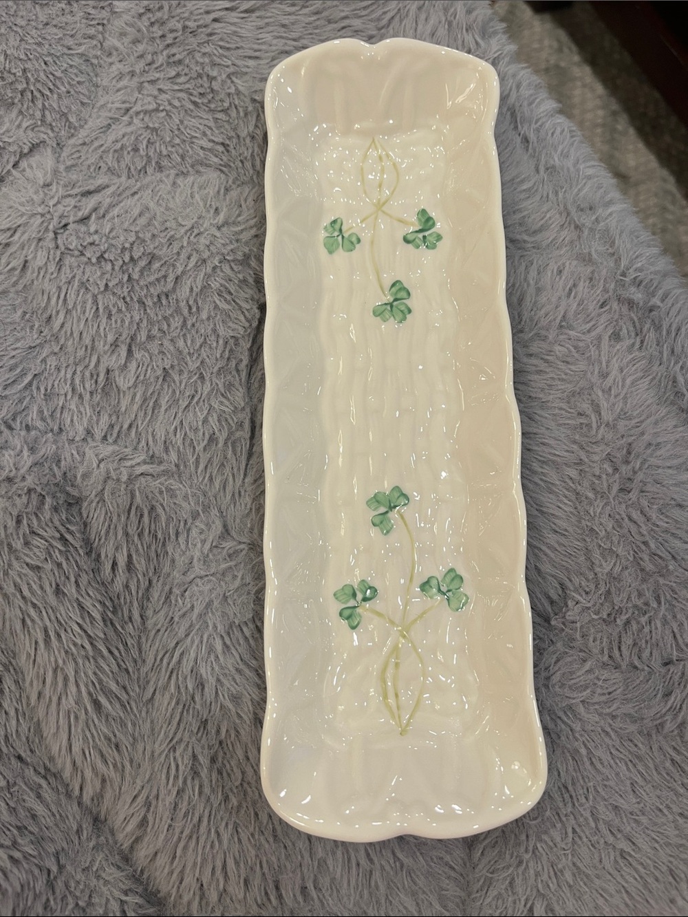 Belleek Cream Ceramic Clover Serving Tray with Green Shamrock Motif